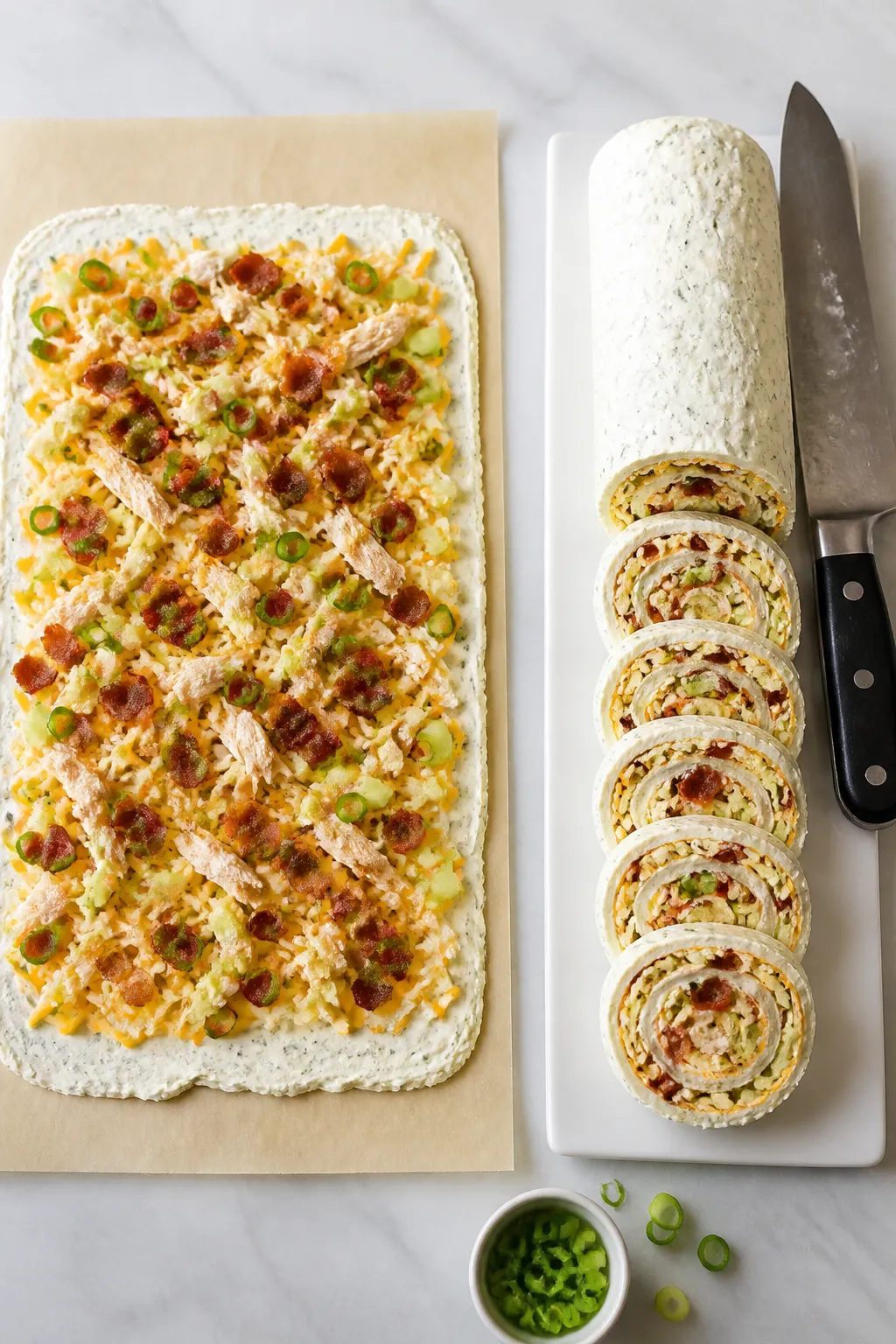 Cooking process: Overhead shot of a cheese wrap being assembled on parchment—an even, glossy layer