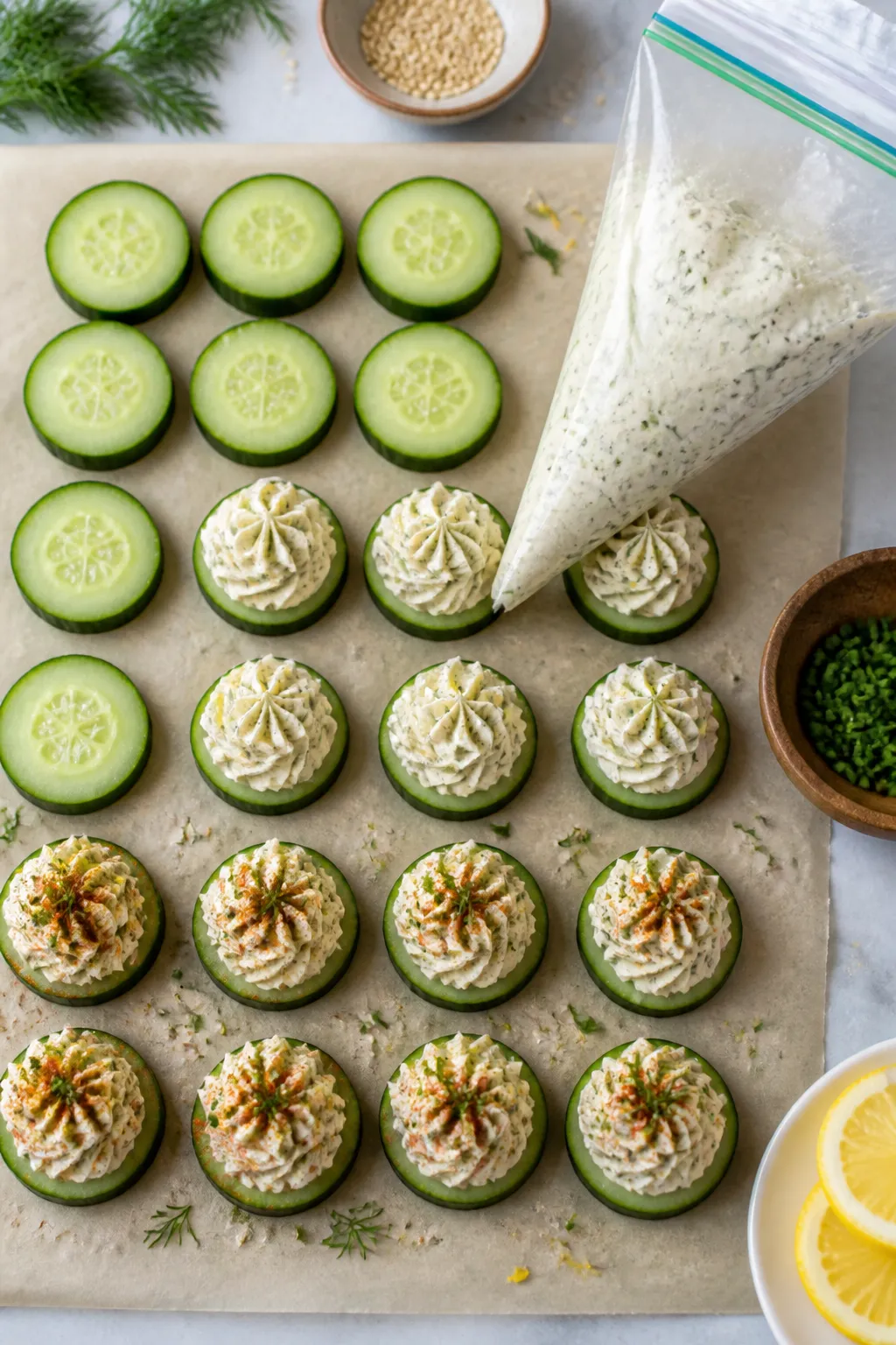 Cooking process: Overhead shot of assembly in progress—rows of salted, patted-dry cucumber rounds 