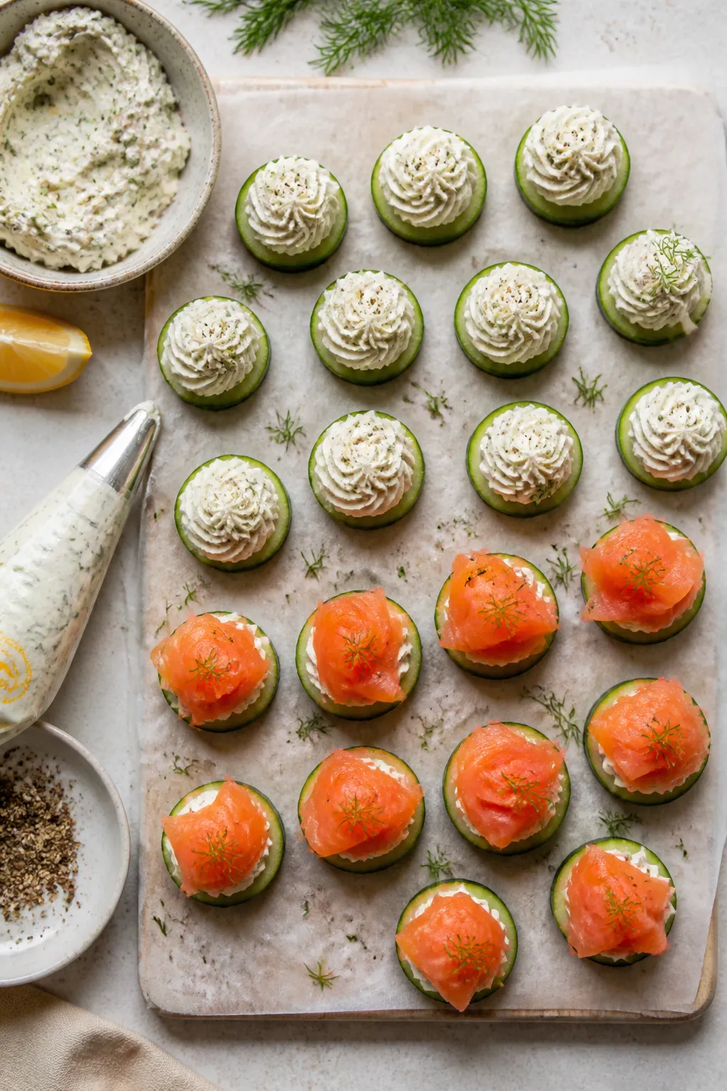 Cooking process: Overhead shot of assembly in progress—rows of cucumber rounds on a parchment-line