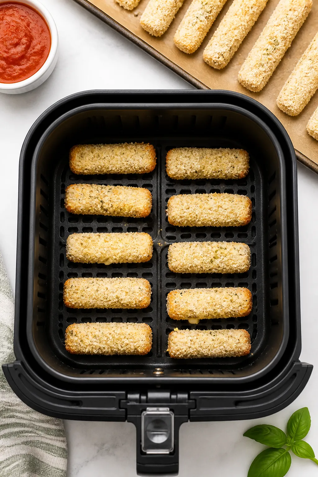 Cooking process: Overhead shot of coated mozzarella sticks arranged in a single layer in an open air