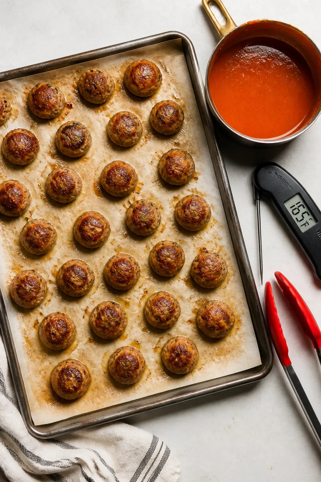 Cooking process: Overhead shot of freshly baked meatballs on a parchment-lined, lightly oiled rimmed