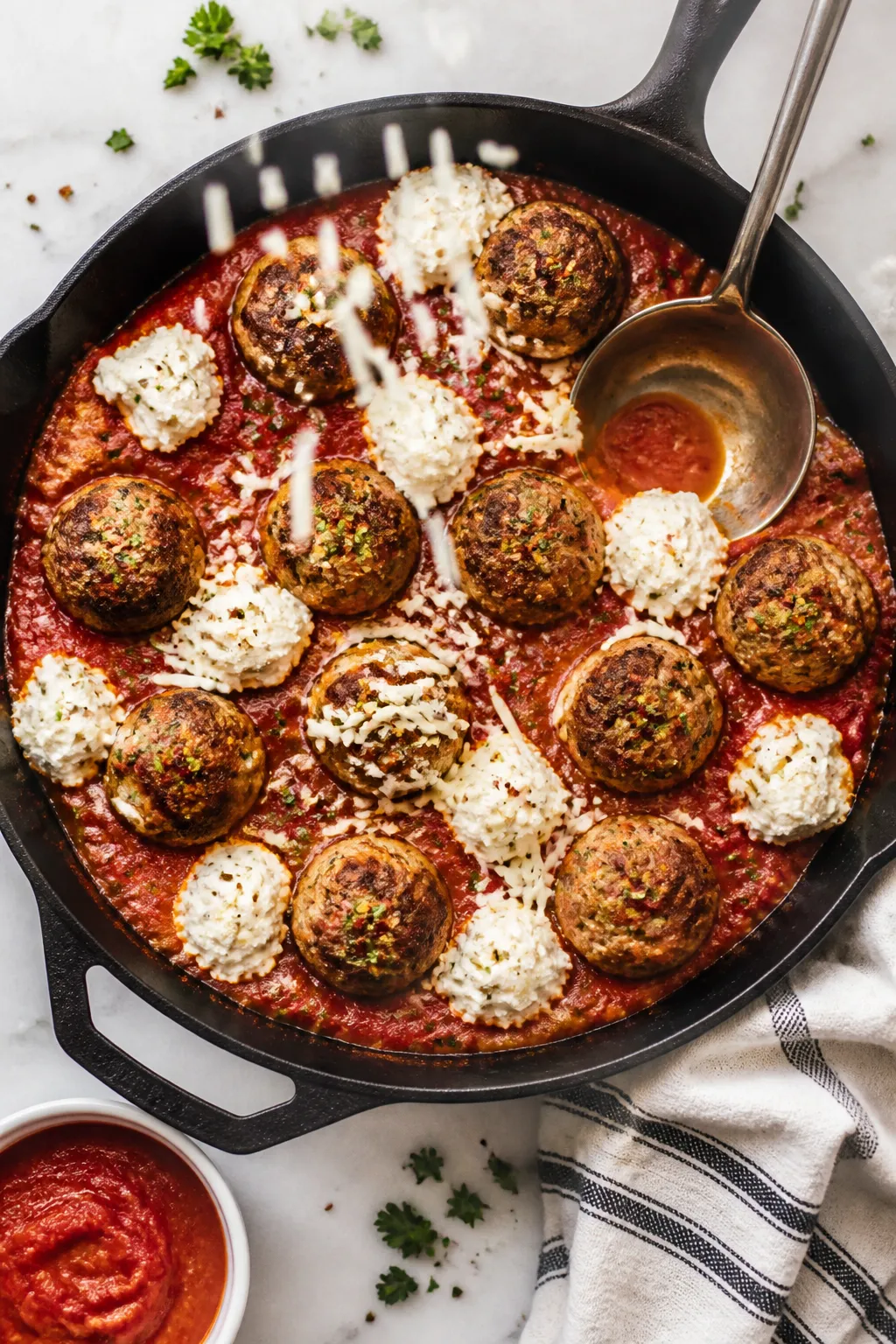 Cooking process: Overhead shot of meatballs being nestled into a layer of thick no-sugar-added marin