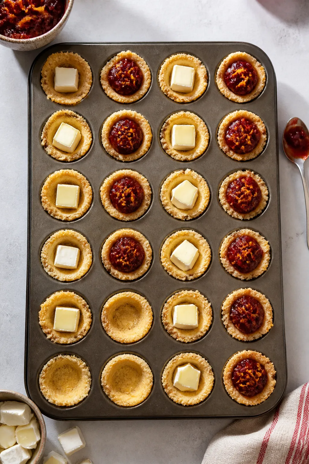 Cooking process: Overhead shot of par-baked almond flour crust cups in a mini muffin tin being fille