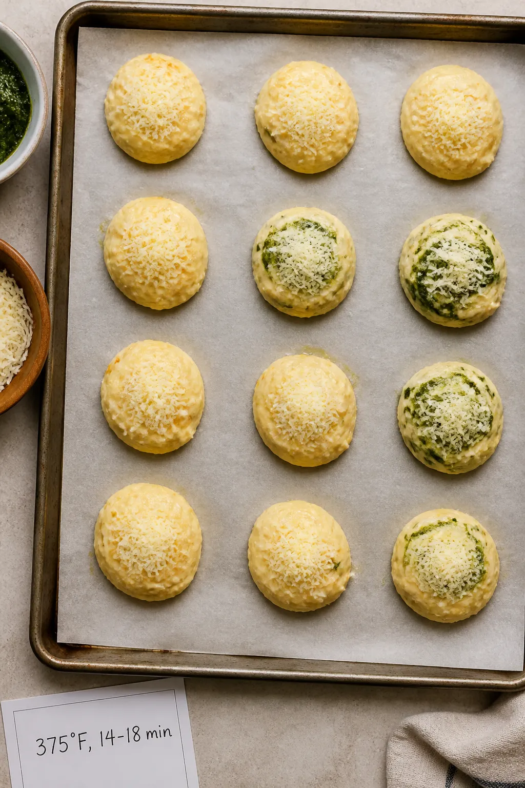 Cooking process: Overhead shot of shaped mounds of batter on a parchment-lined sheet pan right befor