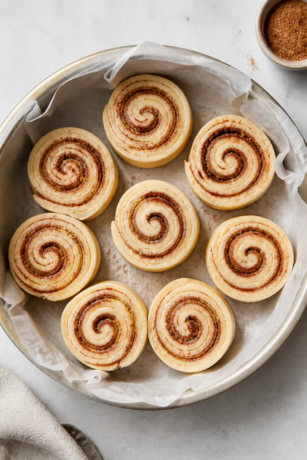 Cooking process: Overhead shot of sliced keto cinnamon roll spirals arranged in a parchment-lined 9-