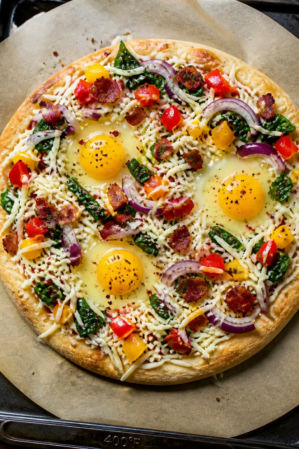 Cooking process: Overhead shot of the assembled breakfast pizza just before final bake—melt-ready 