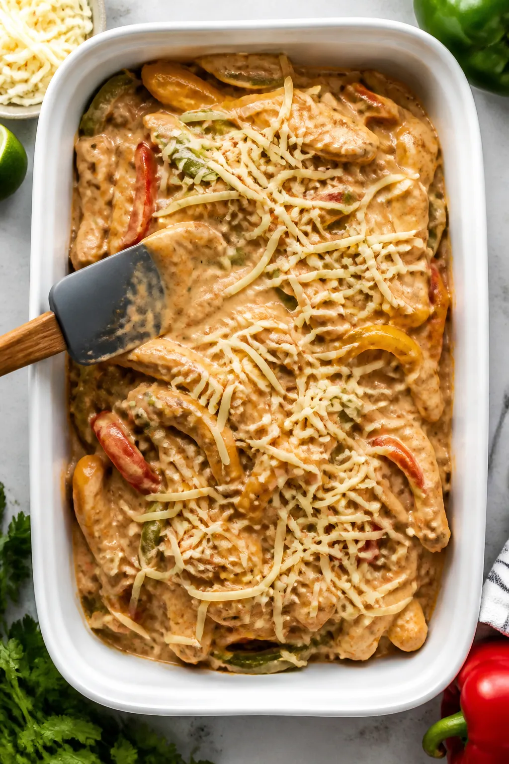 Cooking process: Overhead shot of the casserole mid-assembly in a 9x13 baking dish—seasoned, thin-
