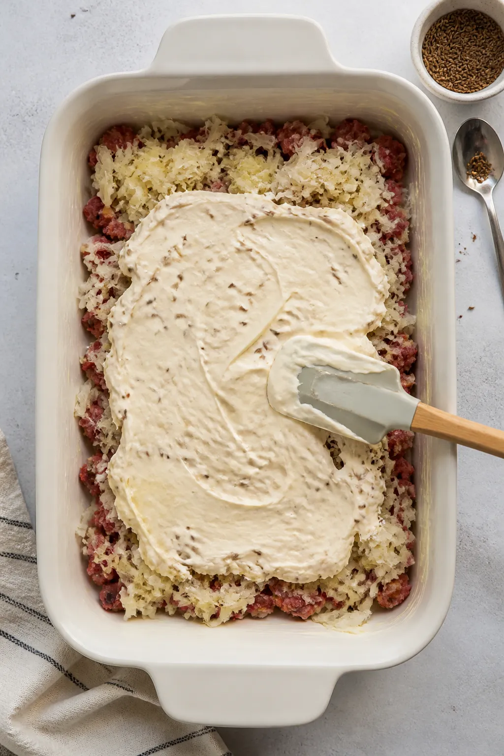 Cooking process: Overhead shot of the casserole mid-assembly in a buttered 9x13 dish—visible layer