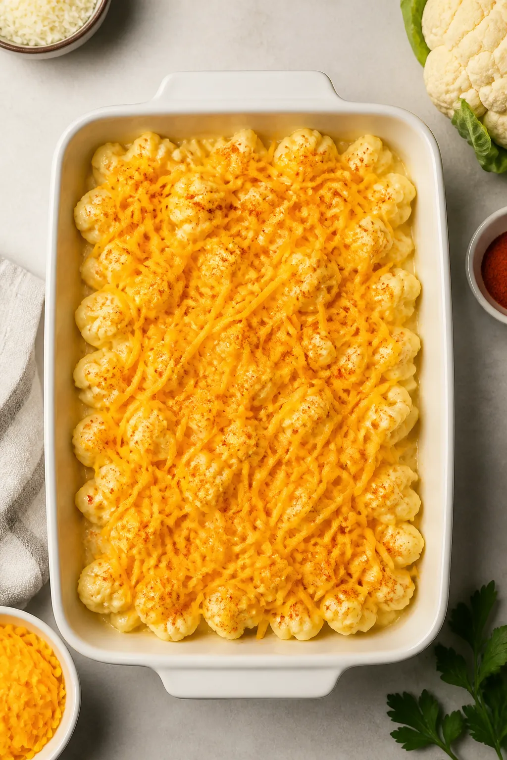 Cooking process: Overhead shot of the casserole stage before the final bakeβpar-cooked cauliflower