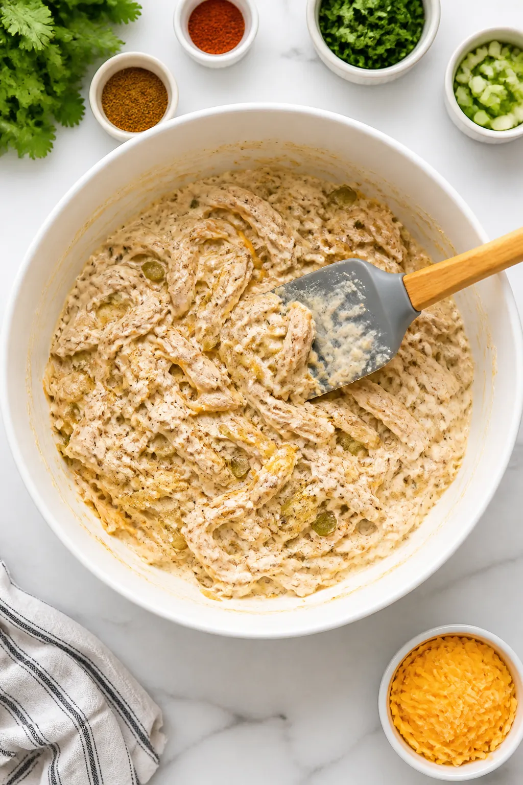 Cooking process: Overhead shot of the creamy base being folded with shredded rotisserie chicken, sau