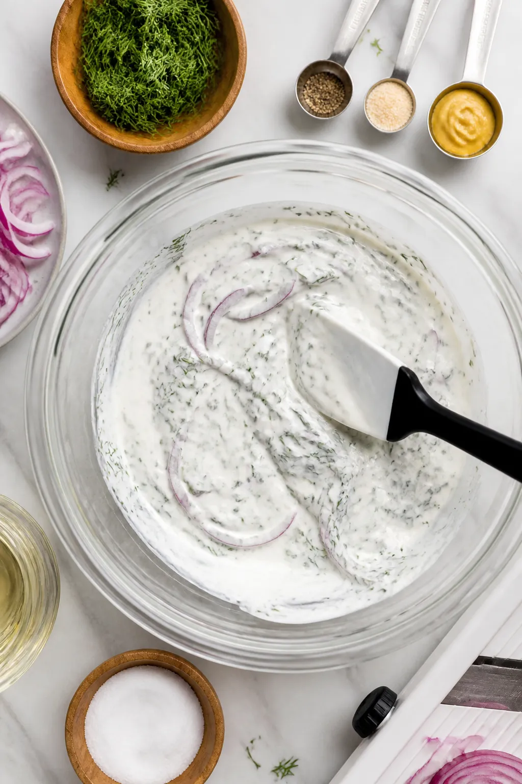 Cooking process: Overhead shot of the prepared creamy dressing being whisked to silky smoothness in 