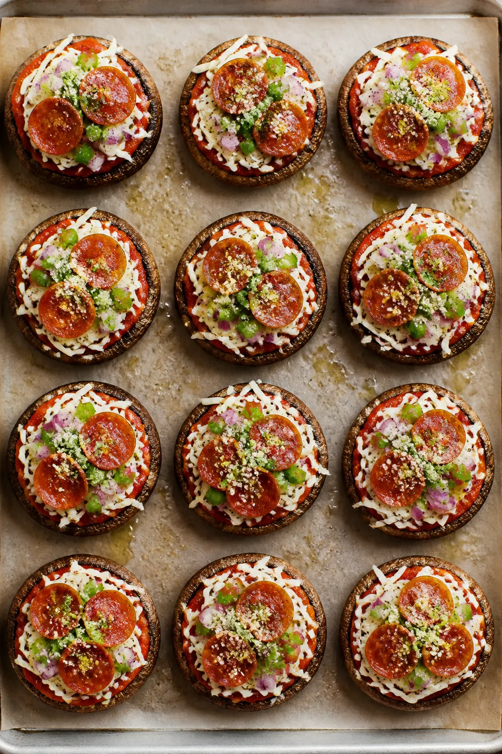 Cooking process: Pre-baked mushroom caps on a parchment-lined sheet being assembled—each cap light