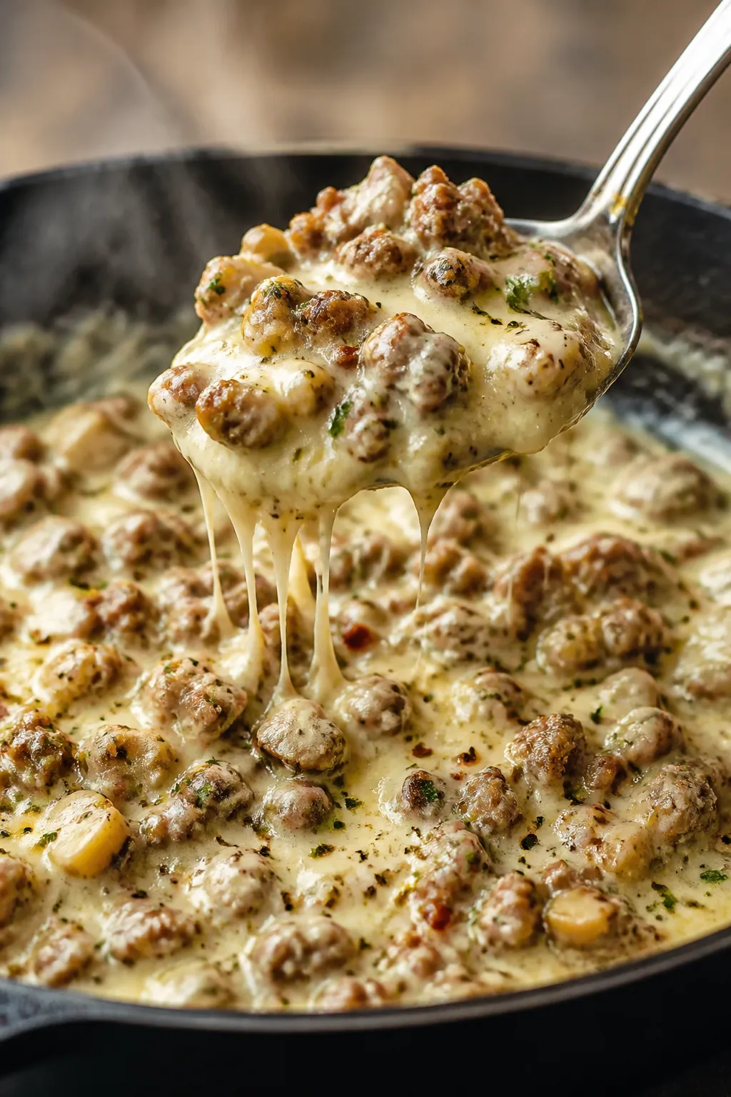 Cooking process: Sausage and chopped mushroom stems being folded with melted cream cheese in a skill