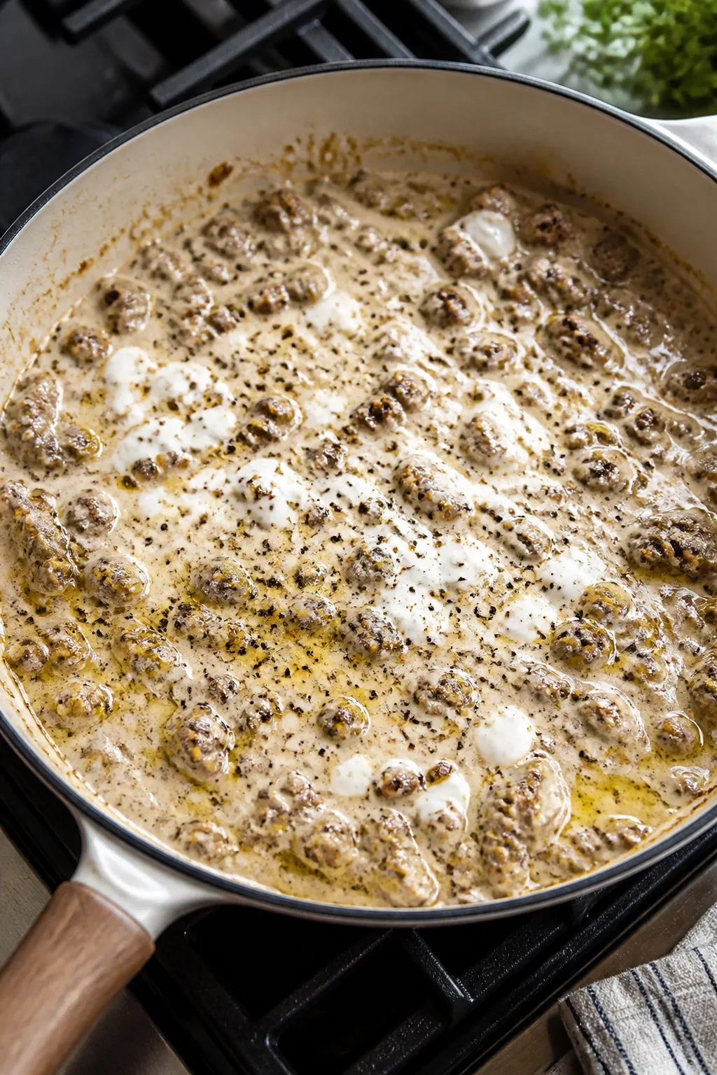 Cooking process: Sausage gravy coming together in a large skillet on the stovetop—crumbled browned