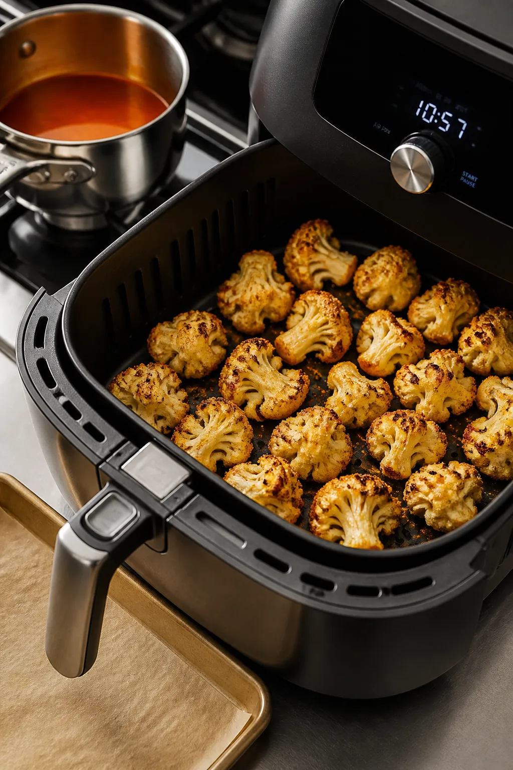 Cooking process scene: air fryer basket pulled open to reveal golden cauliflower florets mid-cook, e