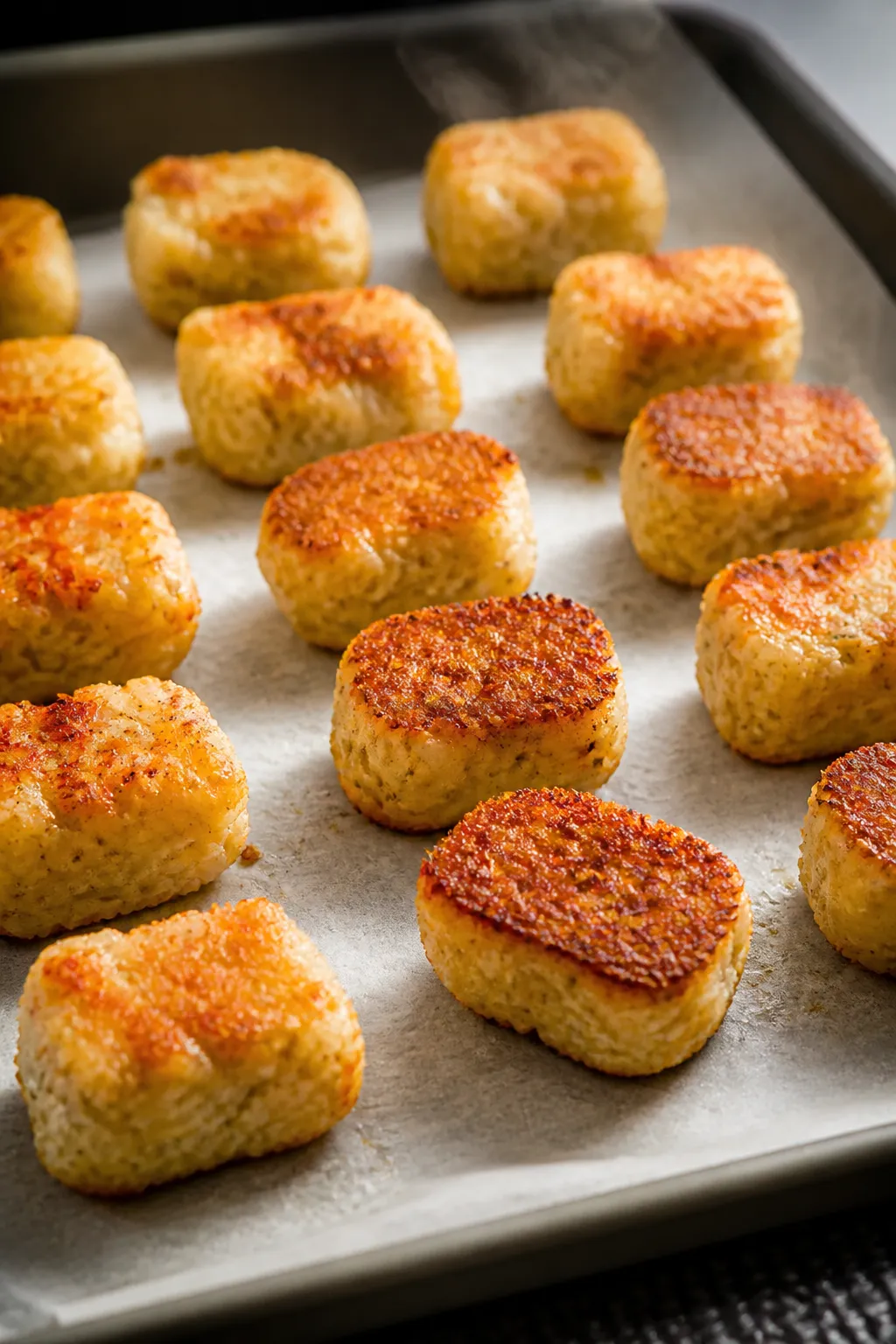Cooking process: Shaping and baking stage shown mid-cook—rows of neatly formed cauliflower tots sp