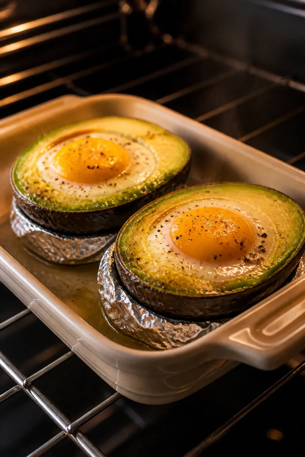 Cooking process shot: Avocado baked eggs mid-bake on the middle oven rack, two avocado halves snug i