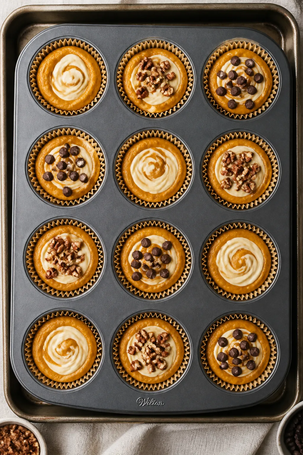 Cooking process shot: Overhead view of a lined 12-cup muffin tin on a clean baking sheet, each cup f