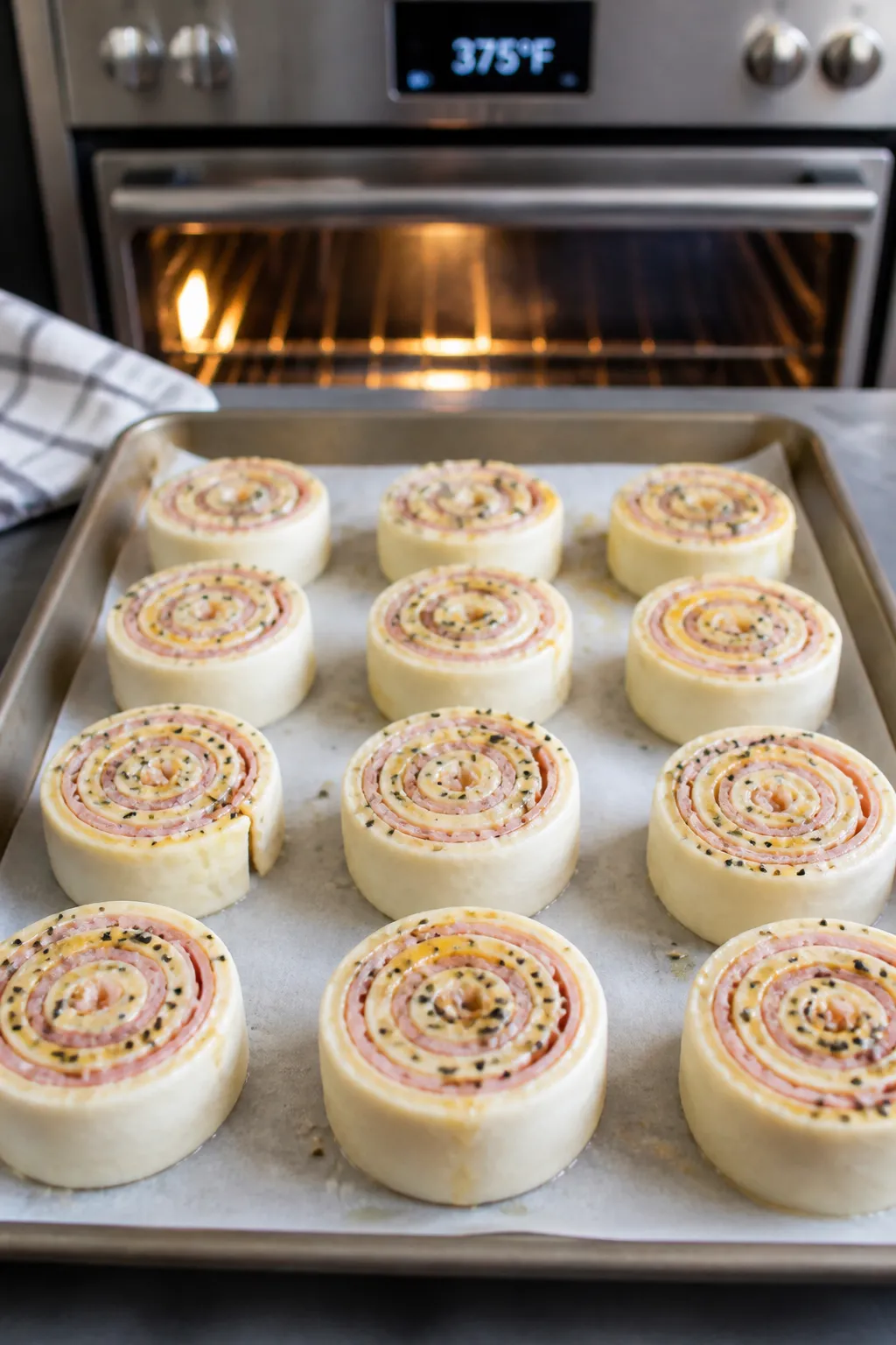 Cooking process shot: sliced pinwheel rounds arranged cut-side up on a parchment-lined sheet pan, sp