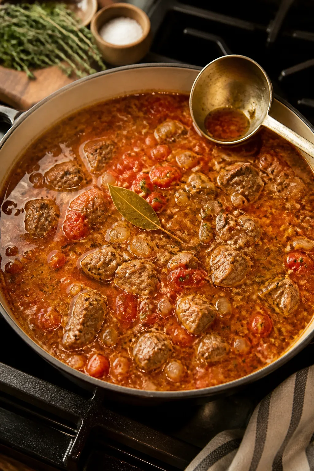 Cooking process: Simmering soup base just after building the broth—tender beef pieces in a rich, t