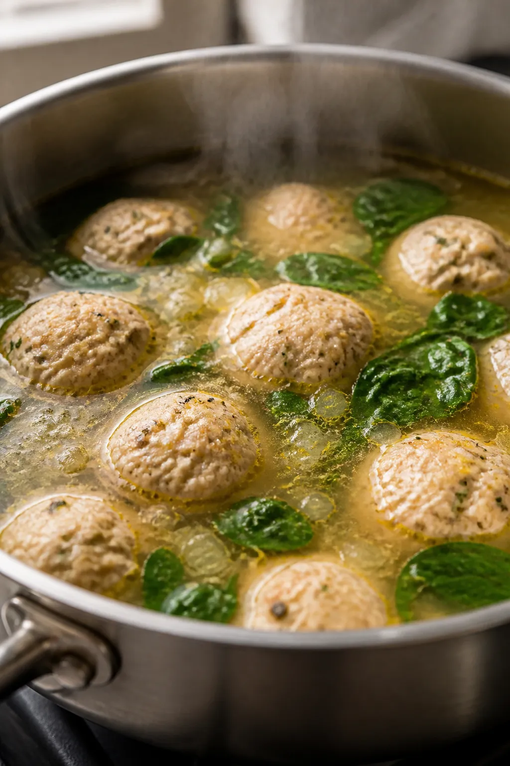 Cooking process: Simmering turkey meatballs in a clear, lemon-zested chicken broth, close-up at pot 