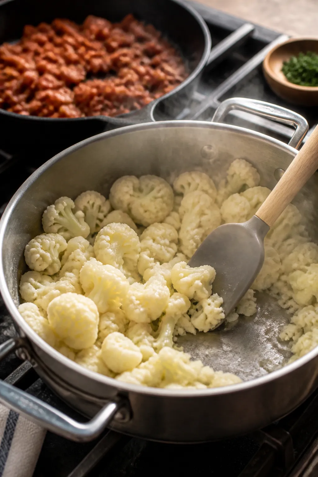 Cooking process: Steam-soft cauliflower florets just drained and returned to a hot pot, excess moist