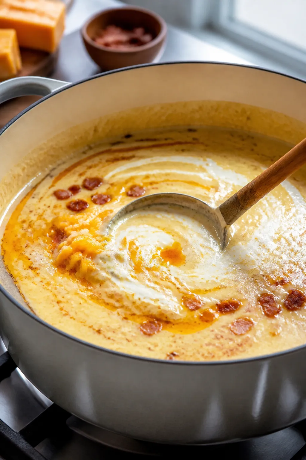 Cooking process, stovetop: A Dutch oven with cauliflower soup mid-simmer just after blending—silky