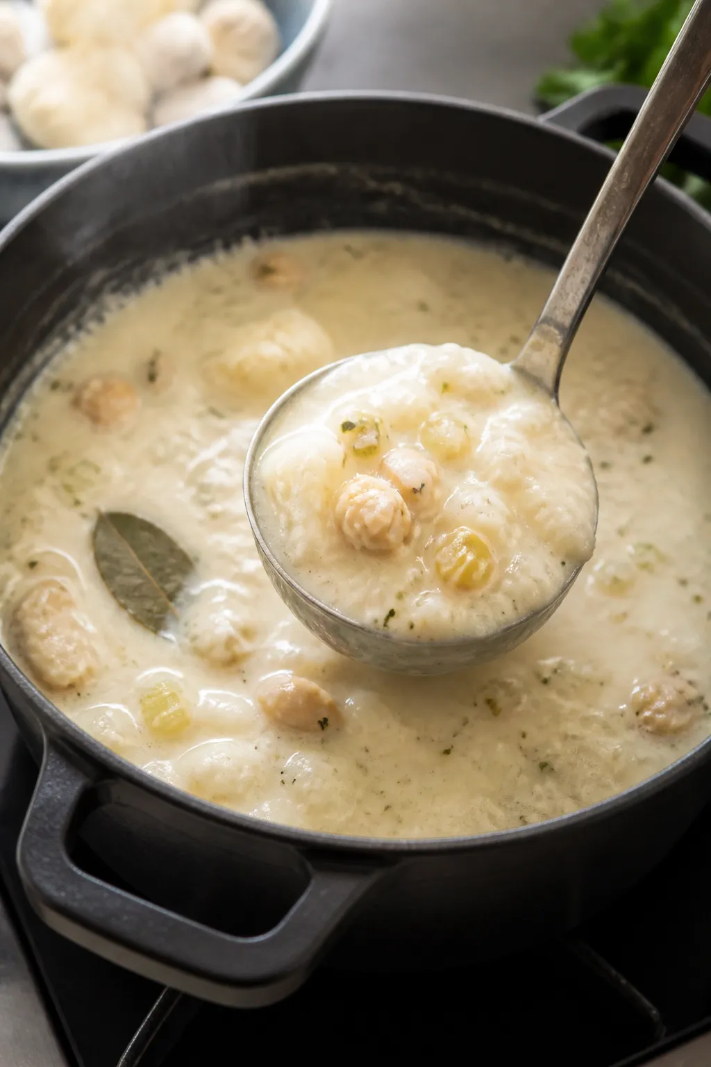 Cooking process, stovetop action: A heavy pot of keto New England–style clam chowder at a gentle s