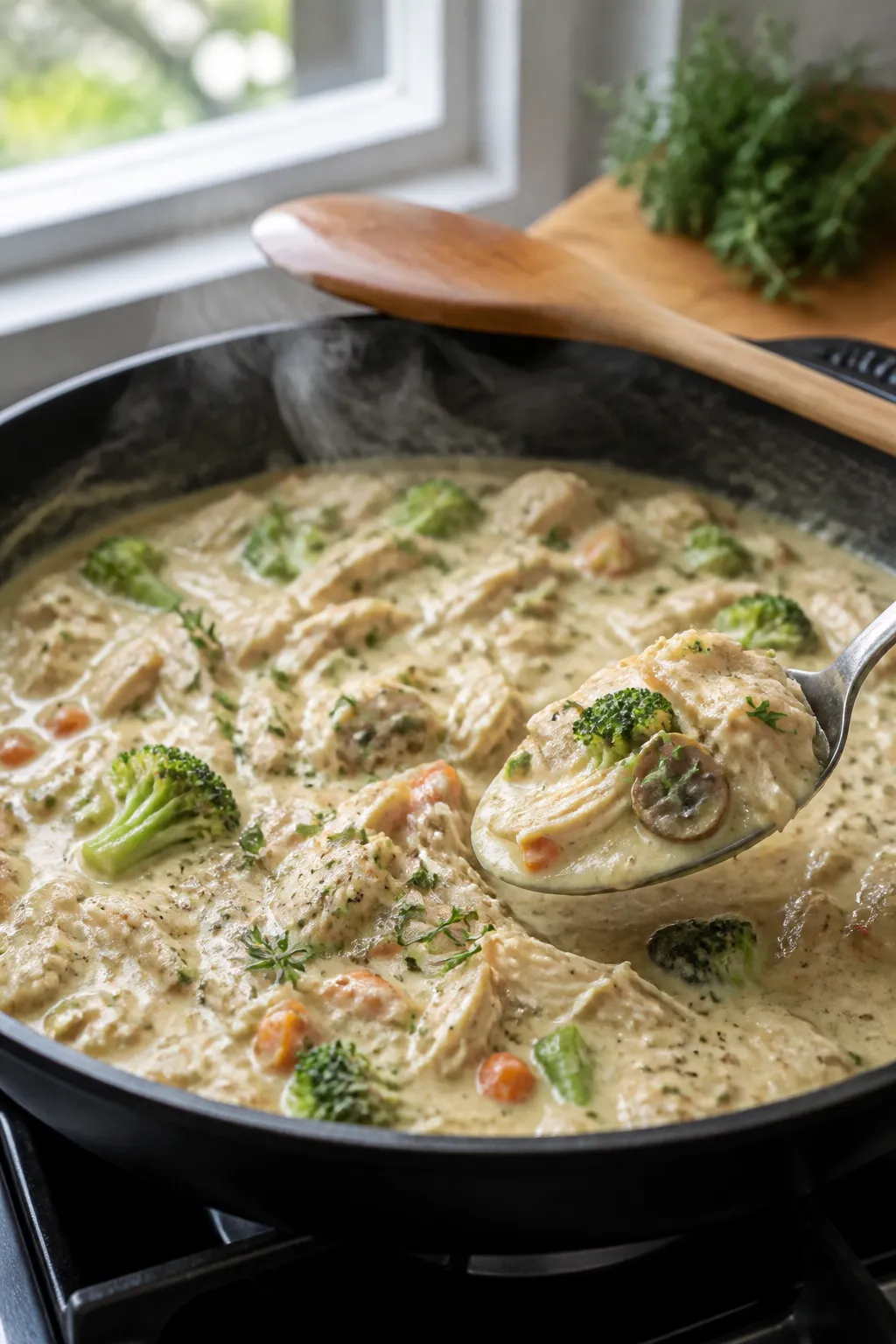 Cooking process, stovetop: Close-up of the creamy chicken pot pie filling simmering in a large skill