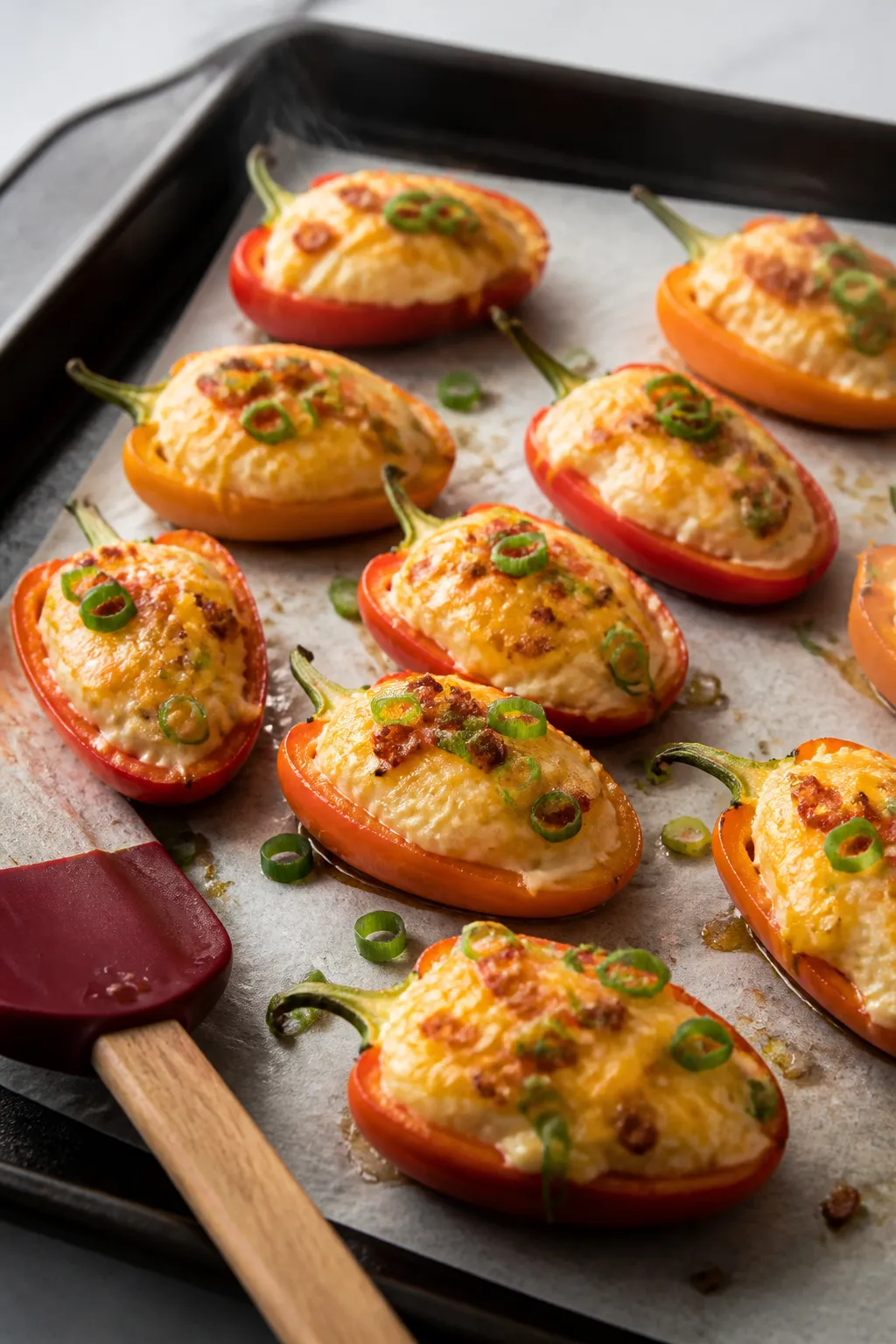 Cooking process: Stuffed mini peppers mid-bake at the 12-minute mark, tender-crisp and just starting