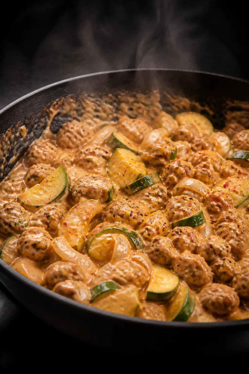 Cooking process: The casserole mixture being folded together in a large skillet—browned Italian sa