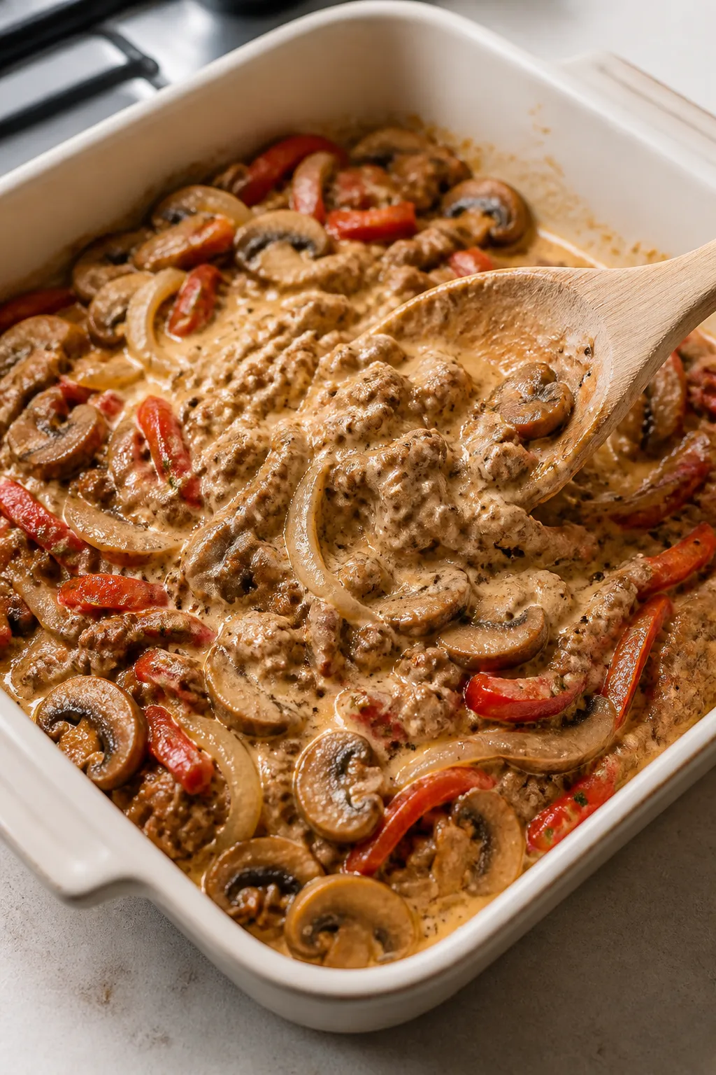 Cooking process: The creamy beef mixture being folded into the sautéed peppers, onions, and mushroo