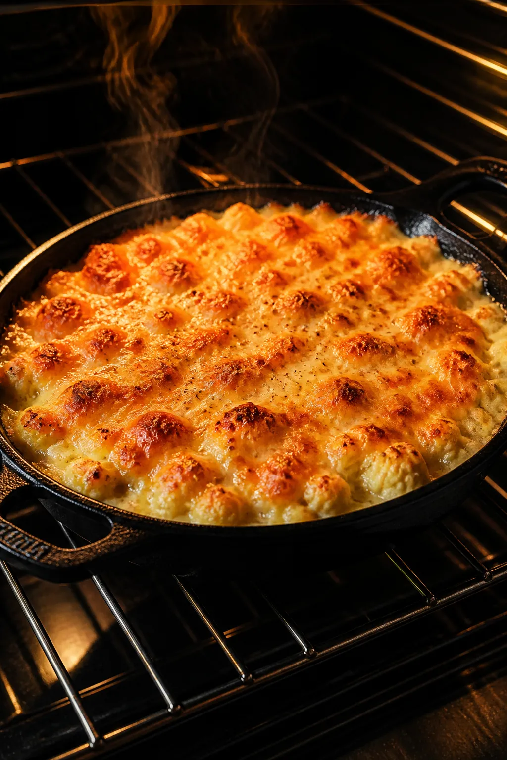 Cooking process: The keto cauliflower “mac and cheese” under the broiler just as the Parmesan to