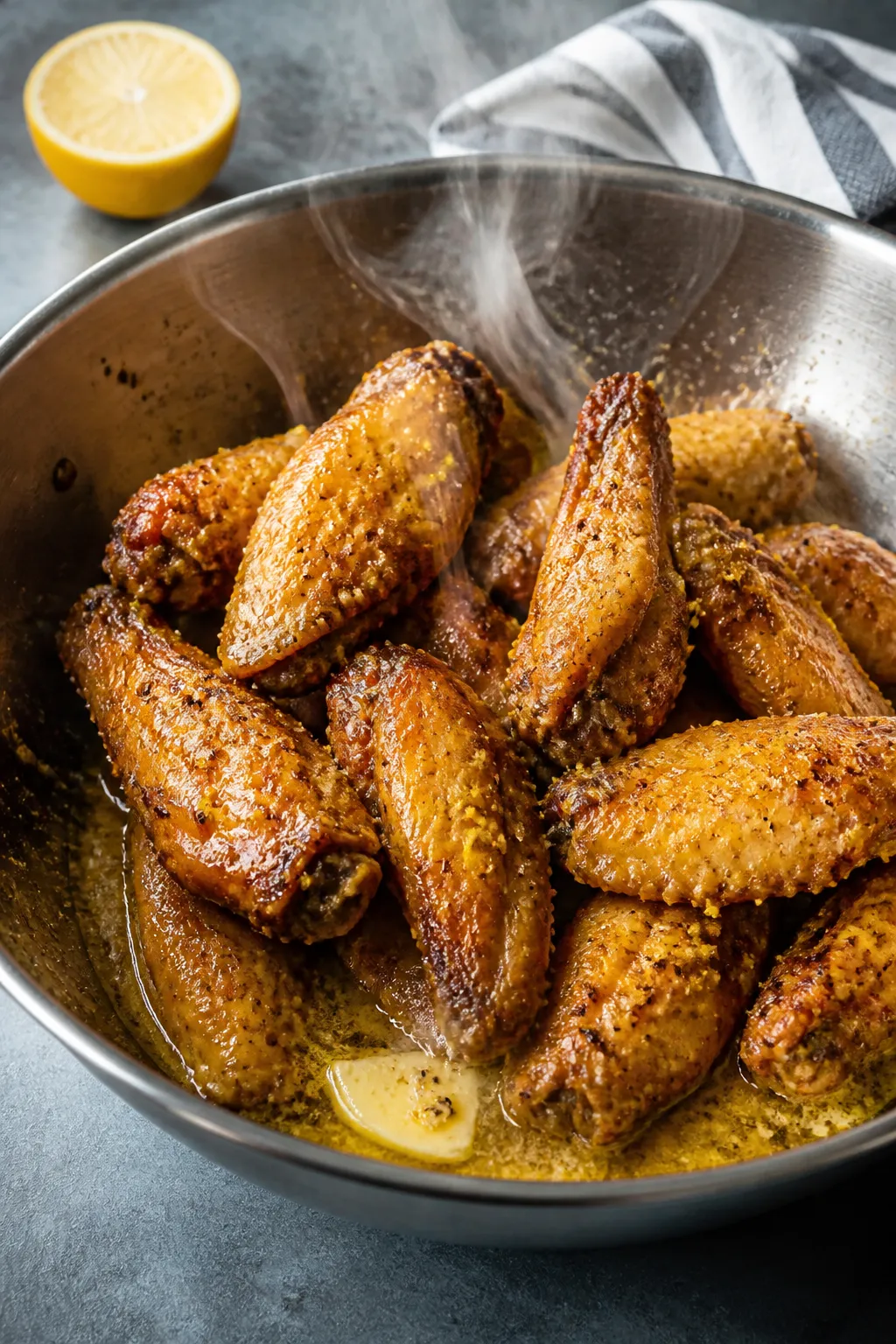 Cooking process: Tossing hot, fully cooked wings in a stainless-steel bowl with melted lemon-pepper 