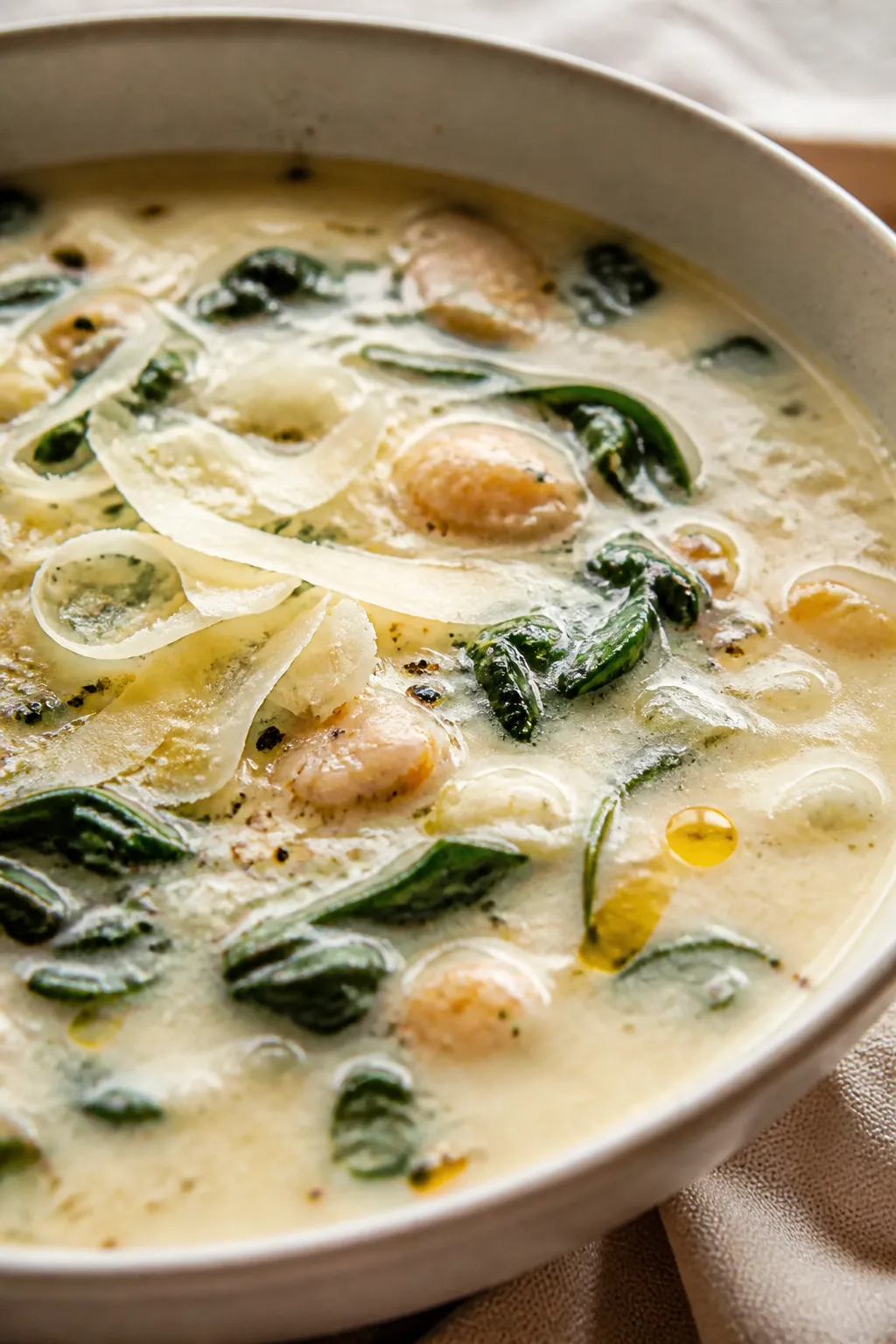 Creamy finish detail: Ultra-close shot of the soup just after adding heavy cream and grated Parmesan