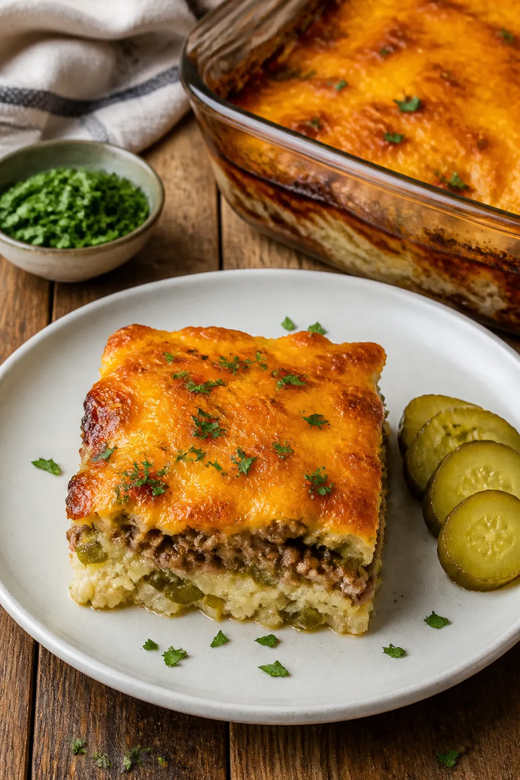 Final baked casserole, plated: Beautifully plated square of keto hamburger casserole with a bubbly, 
