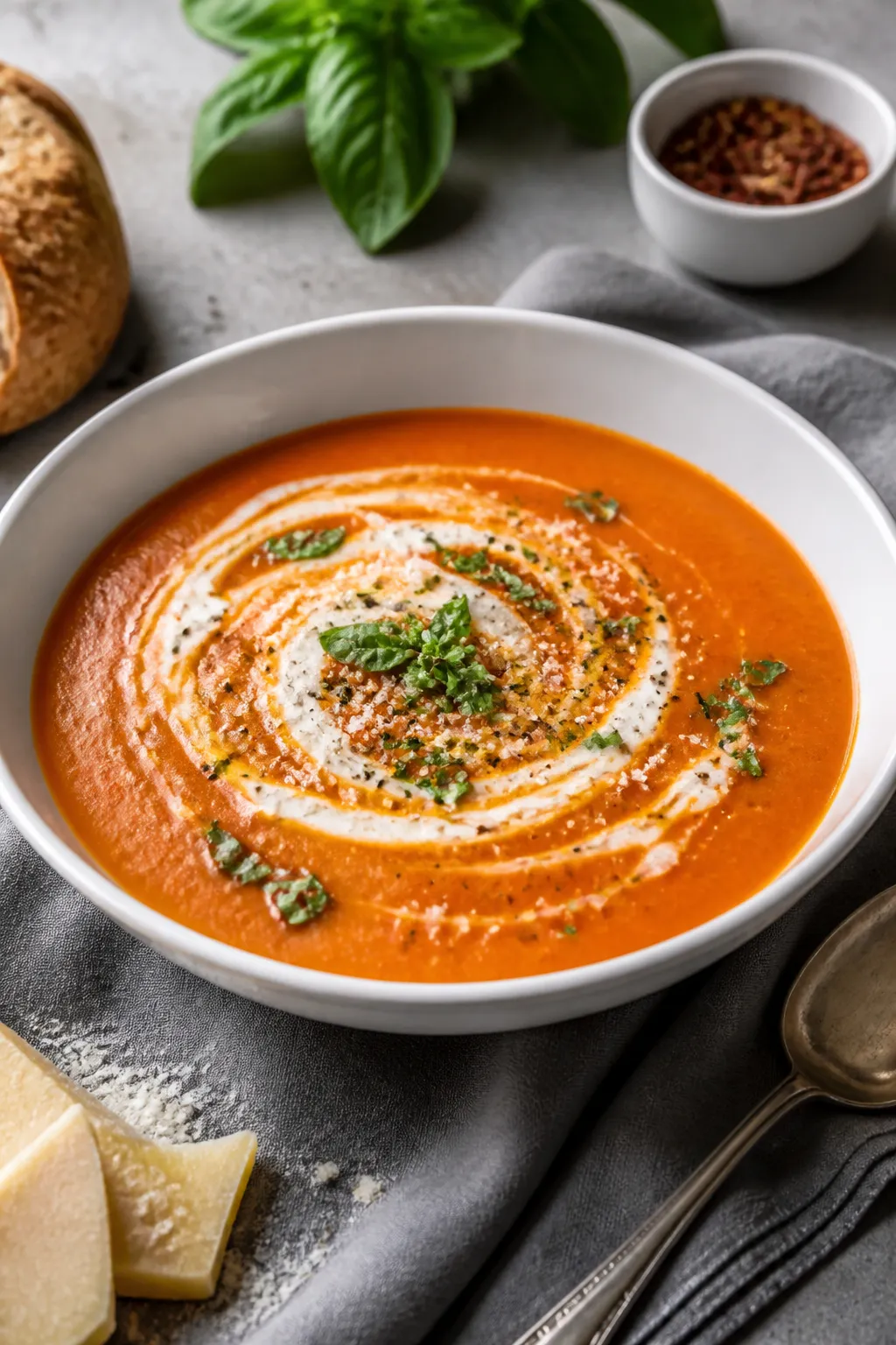 Final dish beauty shot: Creamy keto tomato soup ladled into a matte white shallow bowl, ultra-smooth