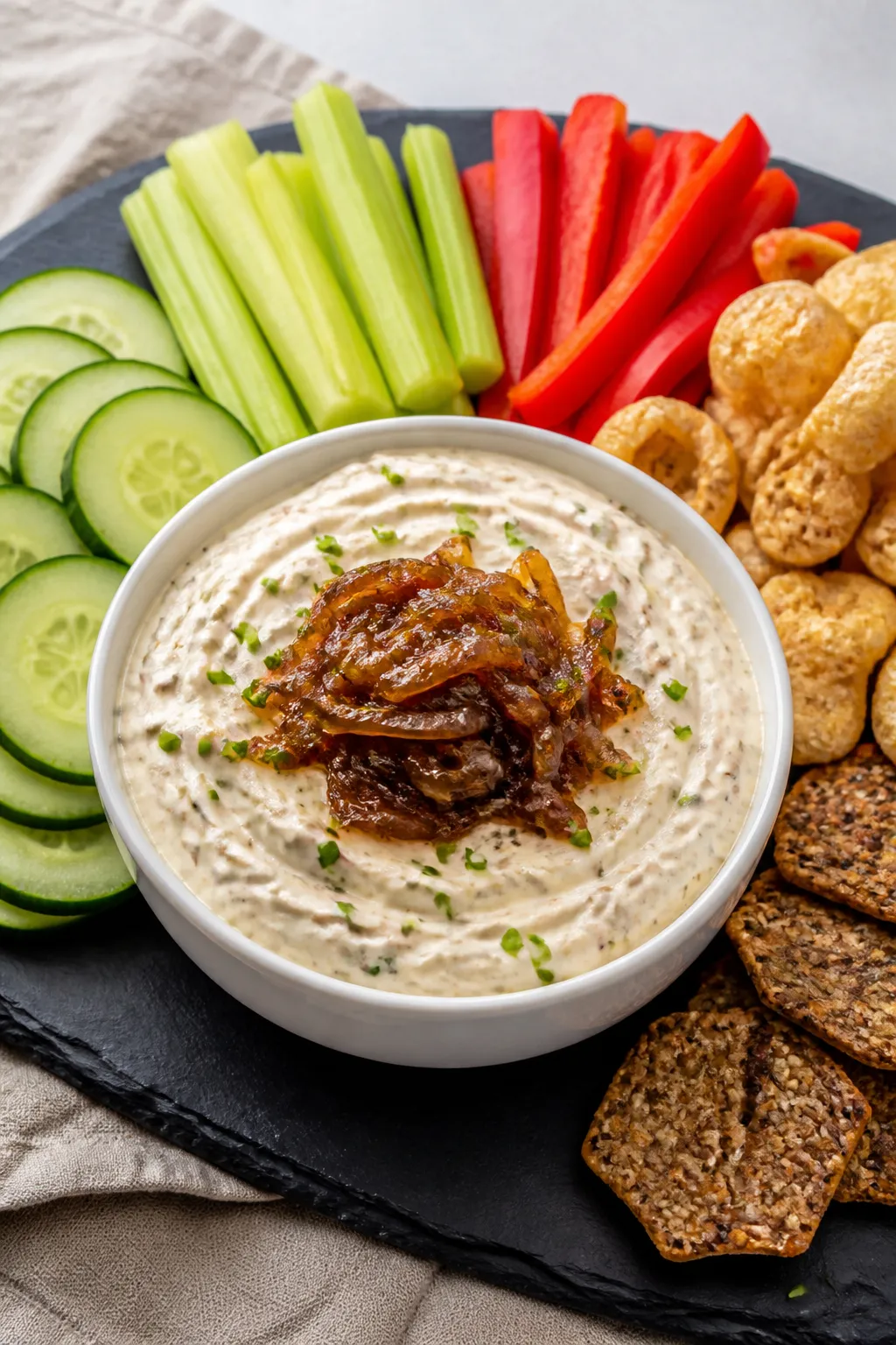 Final dish beauty shot: Keto French Onion Dip in a white ceramic bowl, ultra-creamy and swirled, top