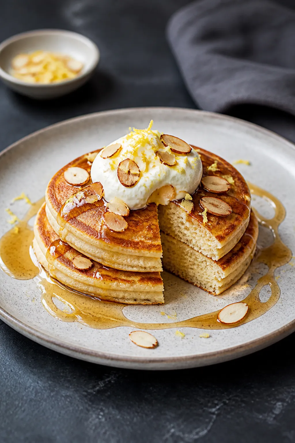 Final dish beauty: Three 3–4 inch keto almond flour pancakes plated with a dollop of unsweetened w