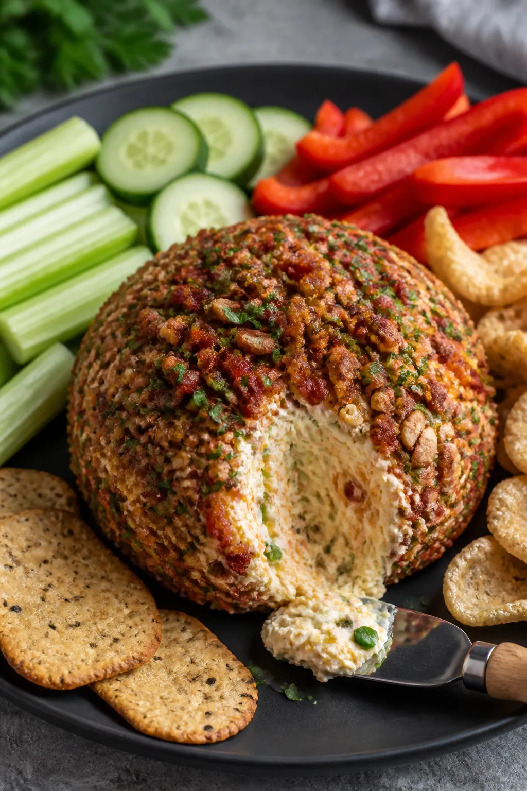 Final dish glamour shot: Keto Cheddar Bacon Ranch Cheese Ball fully coated in a crunchy mix of chopp