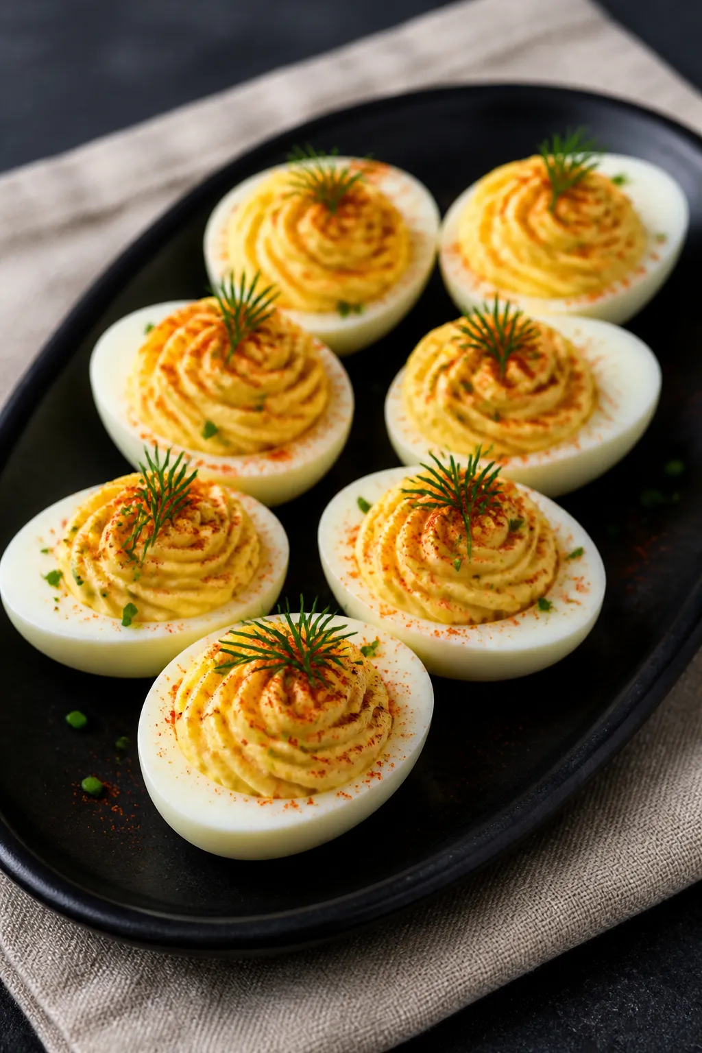 Final dish, plated presentation: Keto deviled eggs piped with an ultra-smooth, pale yellow filling s