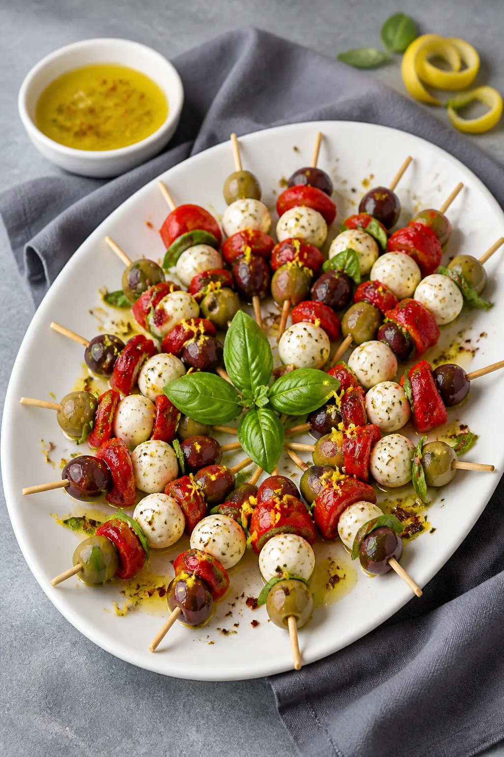 Final dish presentation: Beautiful platter of Keto Italian Antipasto Skewers arranged in a fan on a 