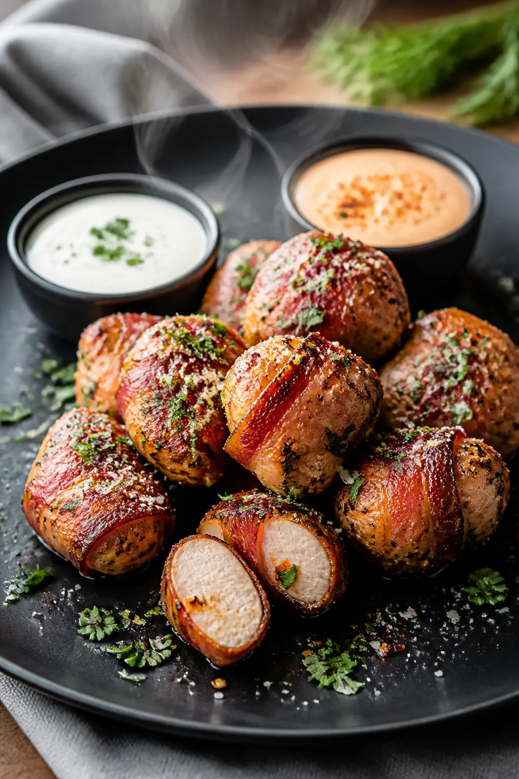Final dish presentation: Beautifully plated Keto Bacon Wrapped Chicken Bites stacked on a matte blac