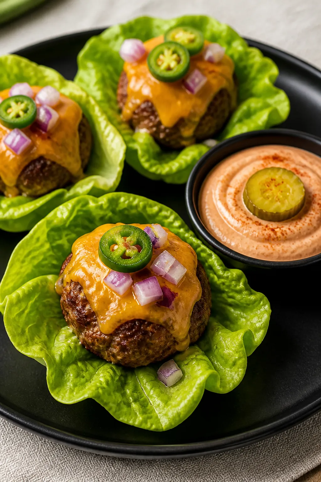Final dish presentation: Beautifully plated Keto Cheeseburger Meatballs nestled in crisp butter lett