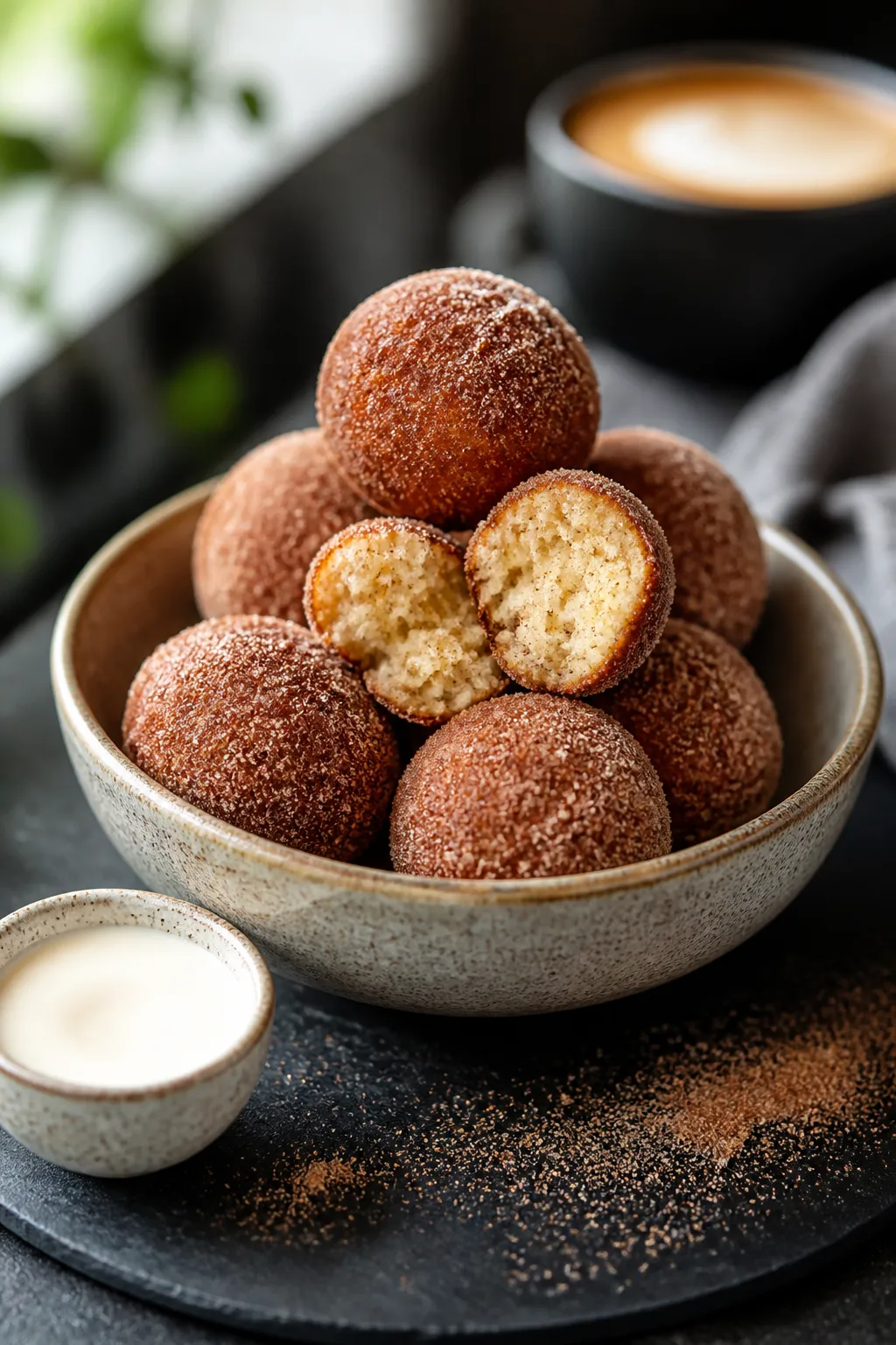 Final dish presentation: Beautifully plated keto cinnamon donut holes stacked in a small stoneware b