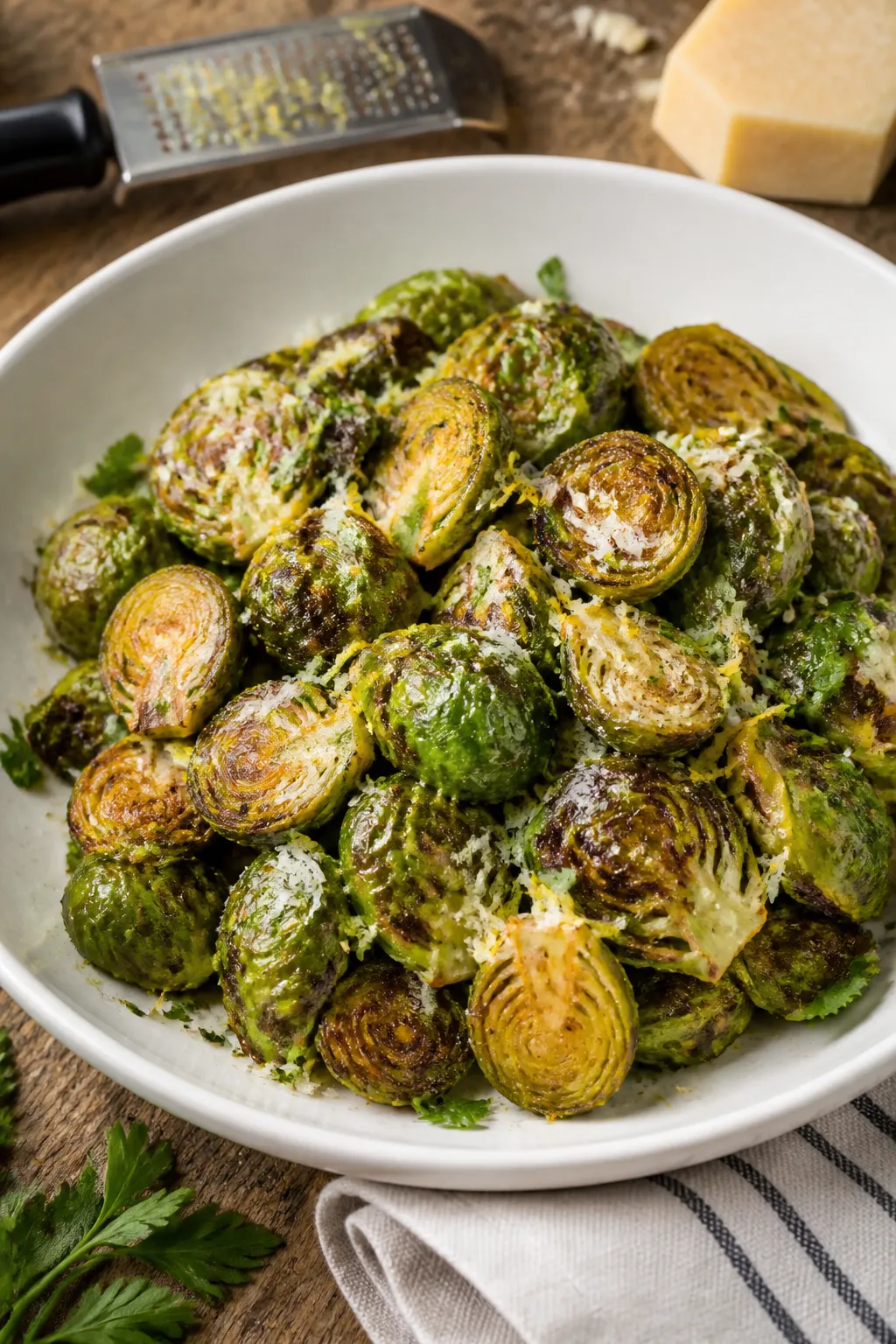 Final dish presentation: Beautifully plated Keto Garlic Parmesan Brussels Sprouts piled high in a wa