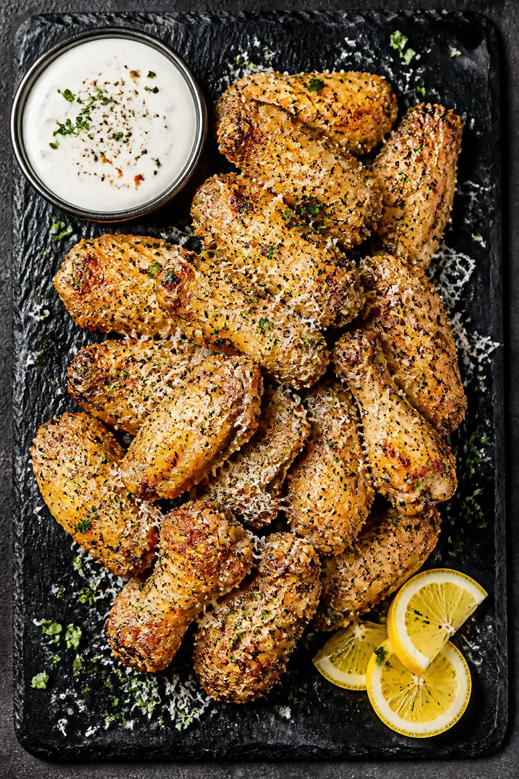 Final dish presentation: Beautifully plated Keto Garlic Parmesan Chicken Wings stacked on a dark sla