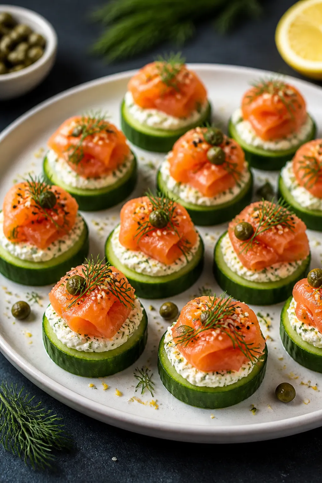 Final dish presentation: Elegant appetizer platter of fully assembled Keto Smoked Salmon Cucumber Bi