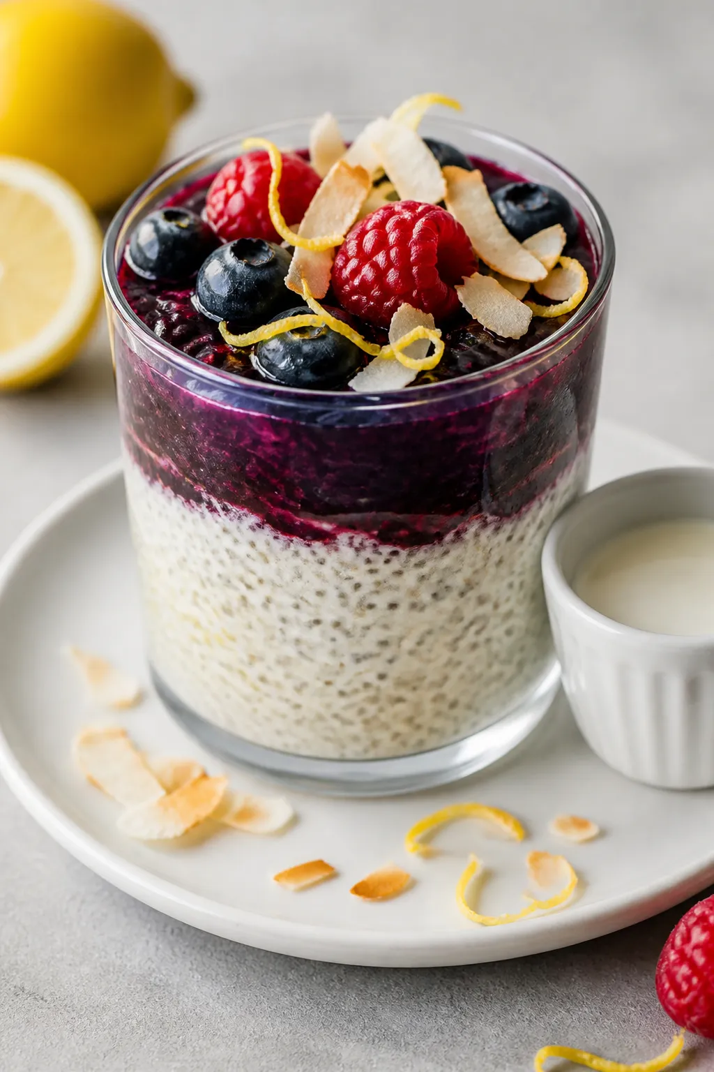 Final dish presentation: Lemon Berry chia pudding layered in a small glass, pale cream base flecked