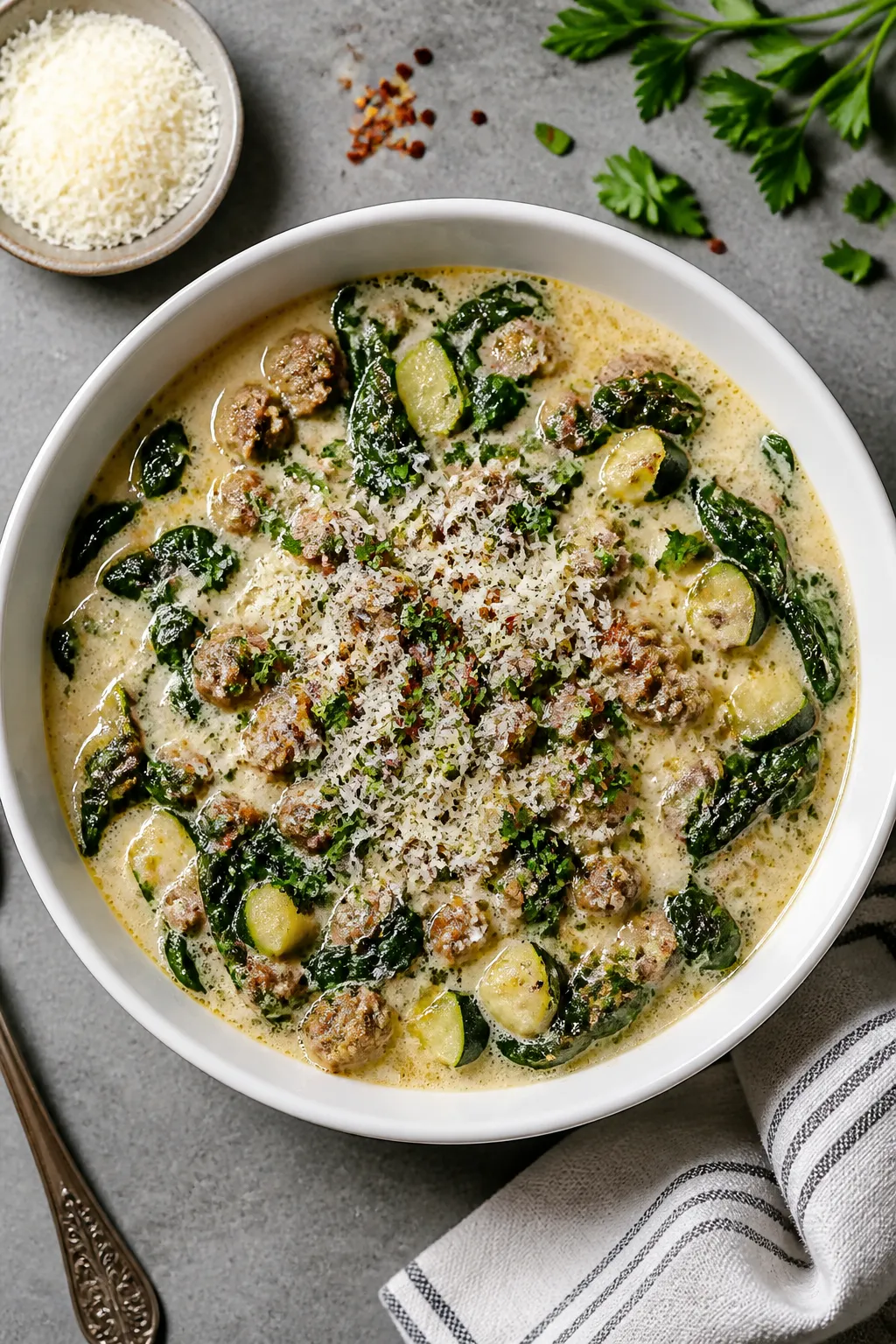 Final dish presentation: Restaurant-quality bowl of Keto Italian Sausage and Spinach Soup styled for